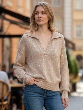 J. Crew Beige/Cream Sequin V-Neck Pullover